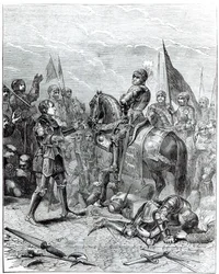 Schlacht von Bosworth Field: Lord Stanley bringt die Krone von Richard III. (1452-1485) nach Richmond, 22. August 1485